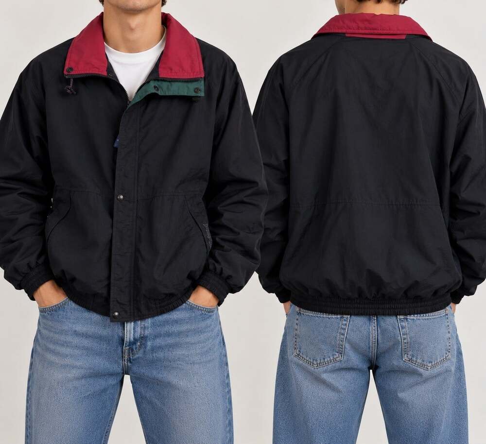 JanSport Men's 1990’s Nylon Bomber Jacket Black/Burgundy Lined Full Zip Snap XL